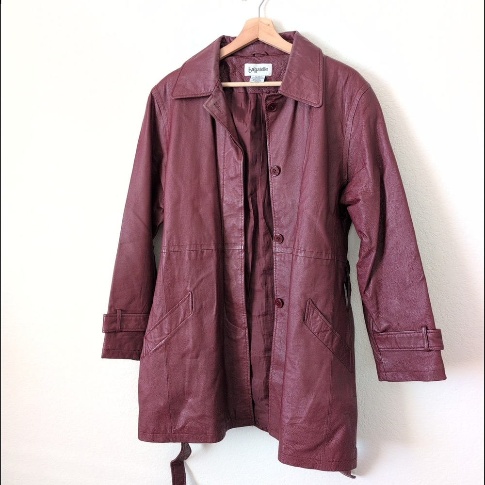 VTG 90s Bagatelle Burgundy Red‎ Leather Trench Coat Belted Classic Women's 12